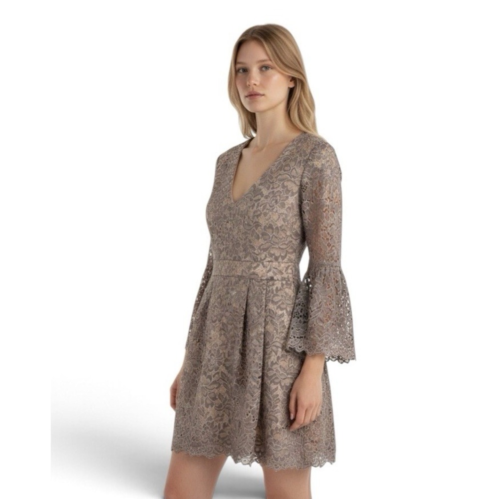 Eliza J Women's 8 Lace Fit & Flare Bell Sleeve Dress Taupe NEW 35.5" Length